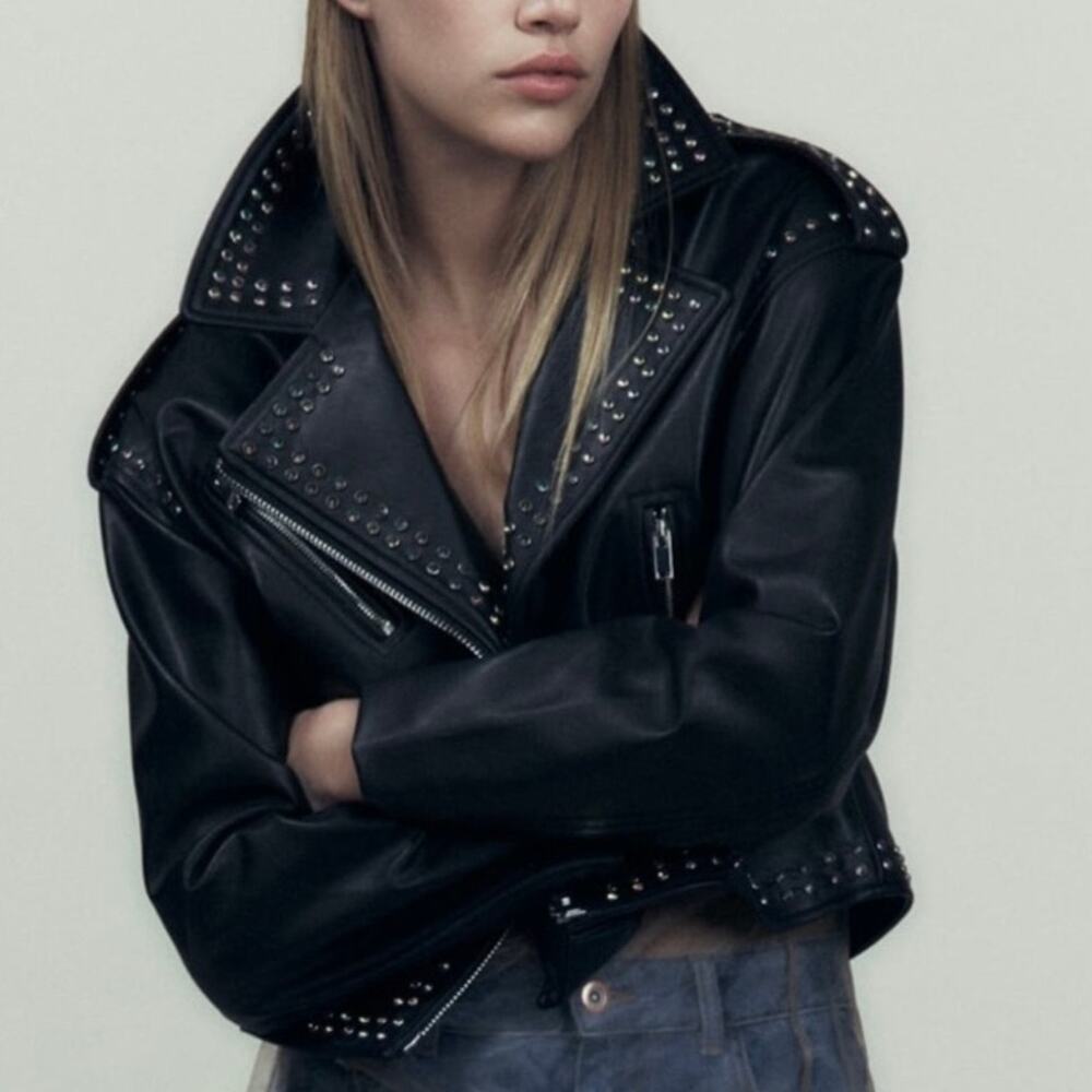 ZARA NWOT Faux Leather Rainbow Studded Rhinestone Relaxed Biker Moto Jacket